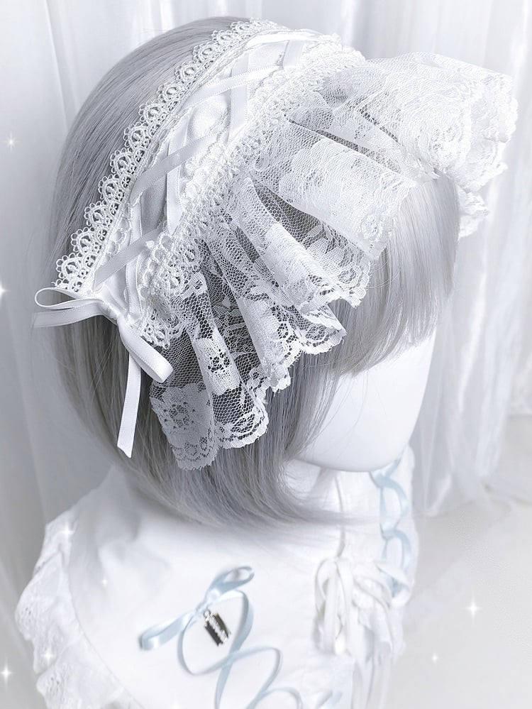 Black and White Jirai Kei Criss-cross Ribbon Bow Lace Trim Hairband