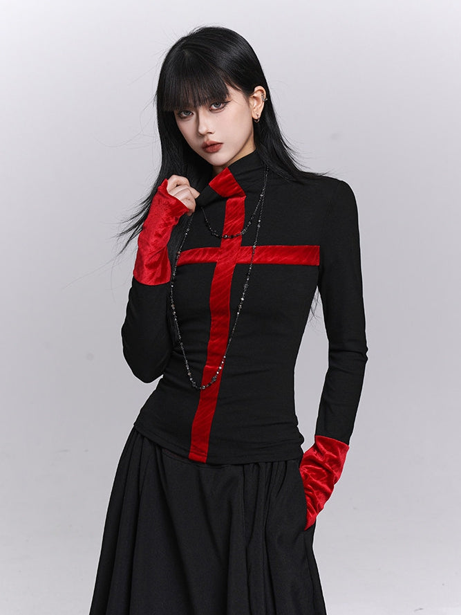 Neck Long Gothic Design Mock Cross with Sleeves Top Cuffs Black Thumbhole Red