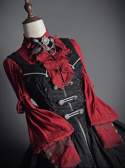 Ruffled Tie Bow Lace and Red with Neckline Lolita Blouse Long-sleeved Details