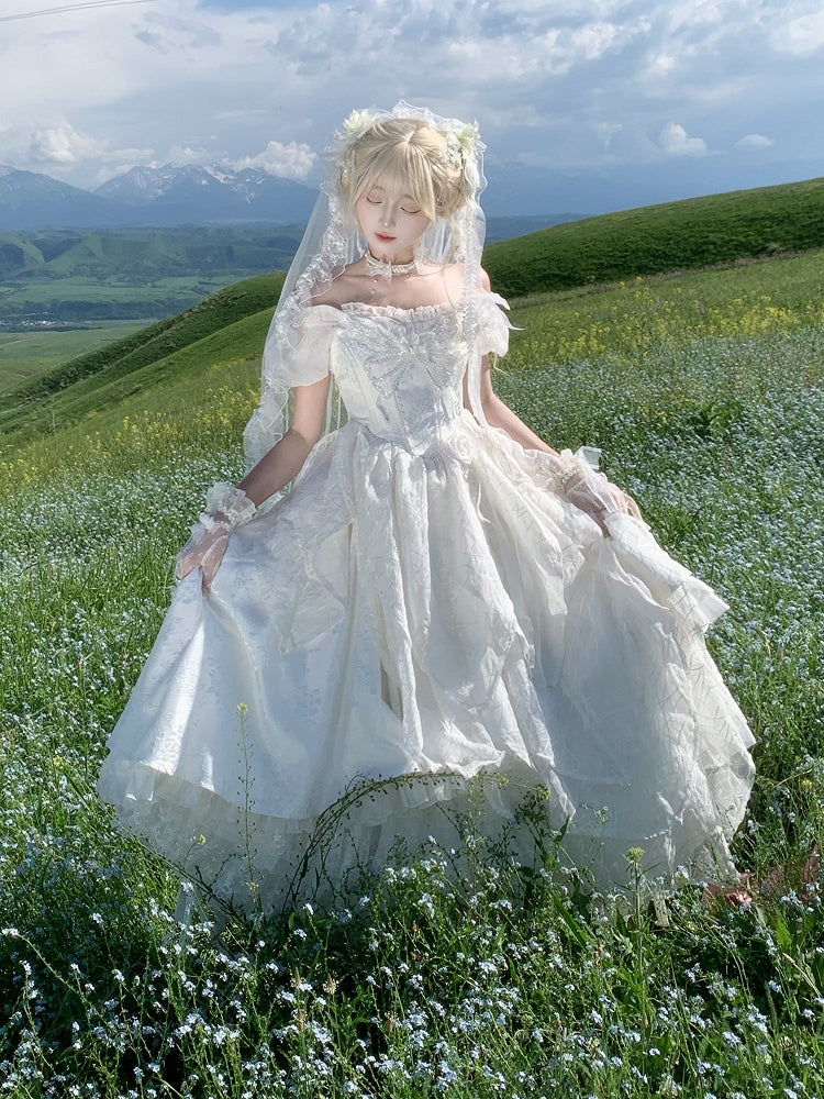 White Butterfly Motif Puff Sleeve Lolita Top and Asymmetrical Hem Skirt Set - Sweet Wood Lolita