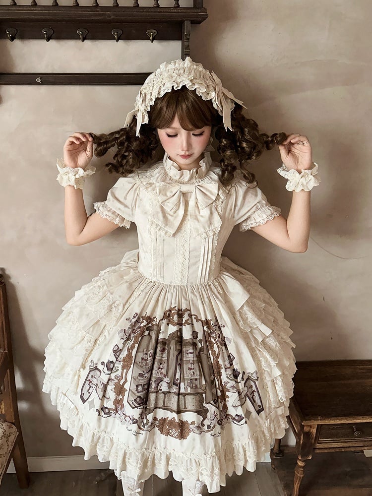 Bunny Print Ruffle Neckline Dress with Lace Details - NnSTAR