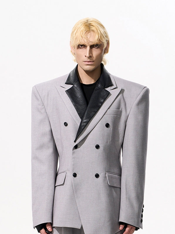 Men's Waist-defining Blazer Detachable Collar Structured Silhouette Shoulder Gray - with Leather