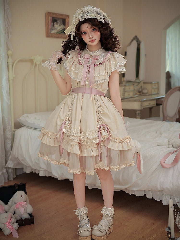 Beige Rosette Jacquard Lolita OP Dress with Layered Ruffles - With PUJI