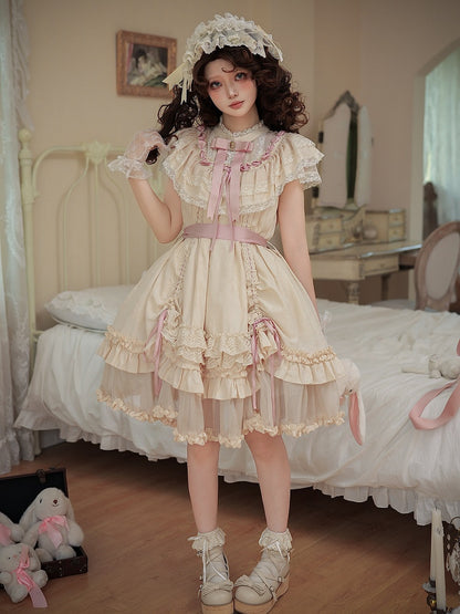 Beige Rosette Jacquard Lolita OP Dress with Layered Ruffles - With PUJI