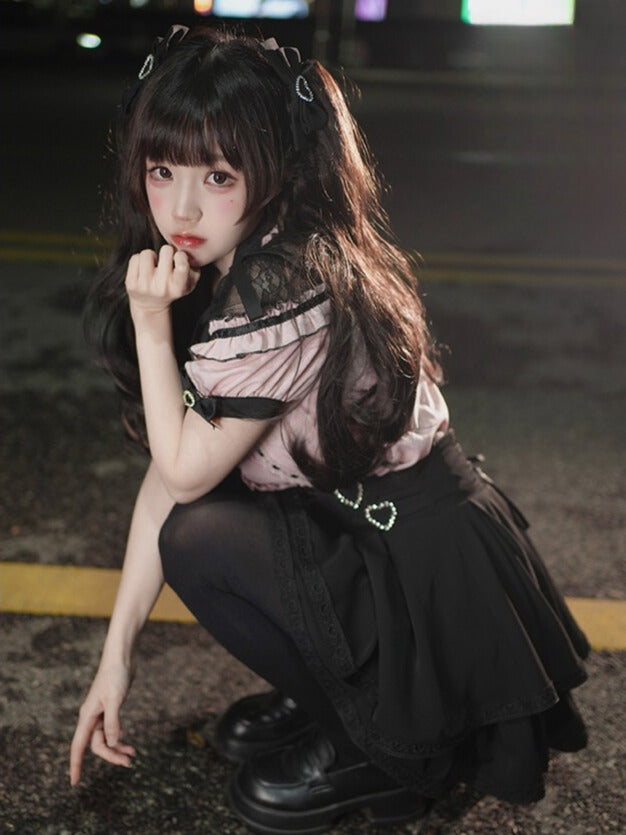 ジライケイ デコレーションハート 蝶結び ラインストーン ヘアクリップ ブラック/ピンク