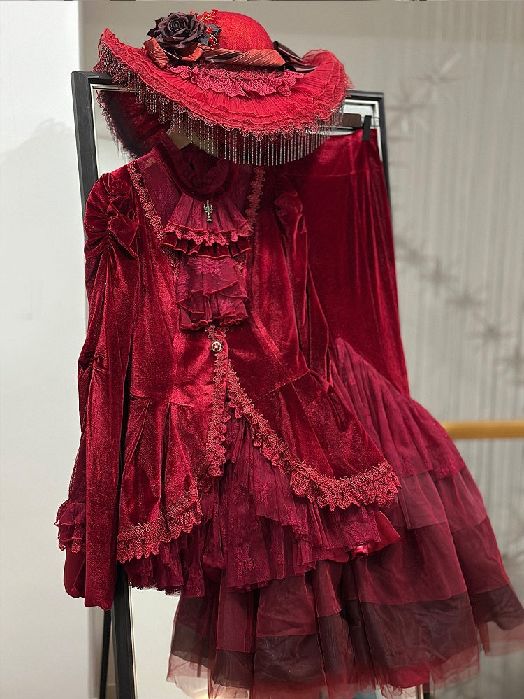 Embroidered Lace Blouse with Velvet V-Neck Coat and Layered Mermaid Skirt - DevilInspired Exclusive Collection