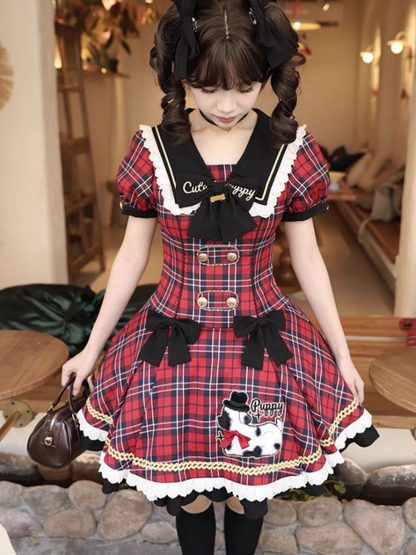 Trim Lace Black Red Sweet Plaid Lolita Dress with Patch Puppy and