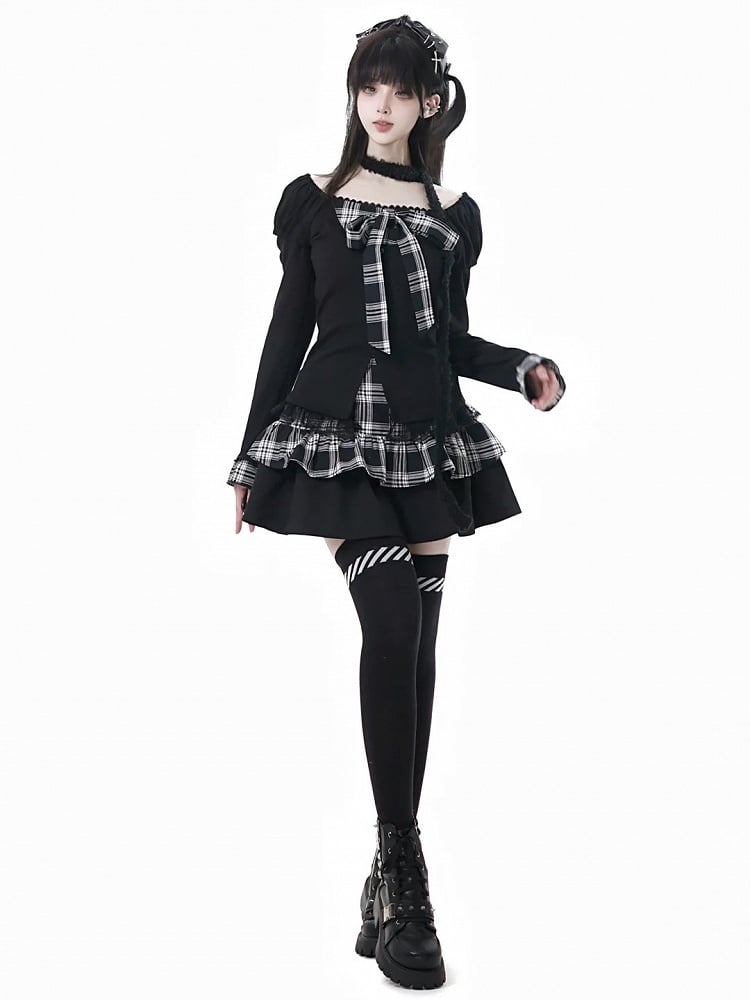 Lace Trim with Tiered Skirt Black Plaid