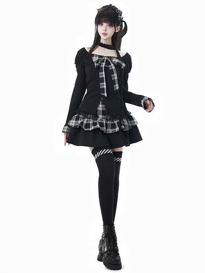 Trim Lace Bowknot and Plaid Subculture Top with Two-Piece Fashion Faux Black