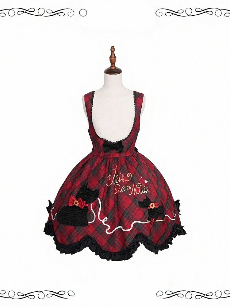 Winter Jumper Skirt in Red Plaid with Cute Puppy Patchwork - iris de nuit