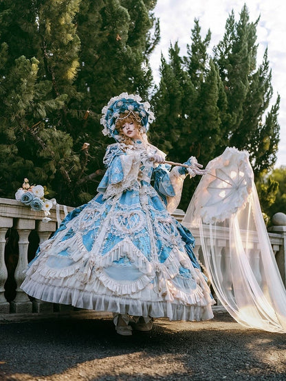 with Sleeves Sweetheart and Ruffle Layers Bell Applique Gorgeous Blue Gown Hime Lolita Beaded Lace