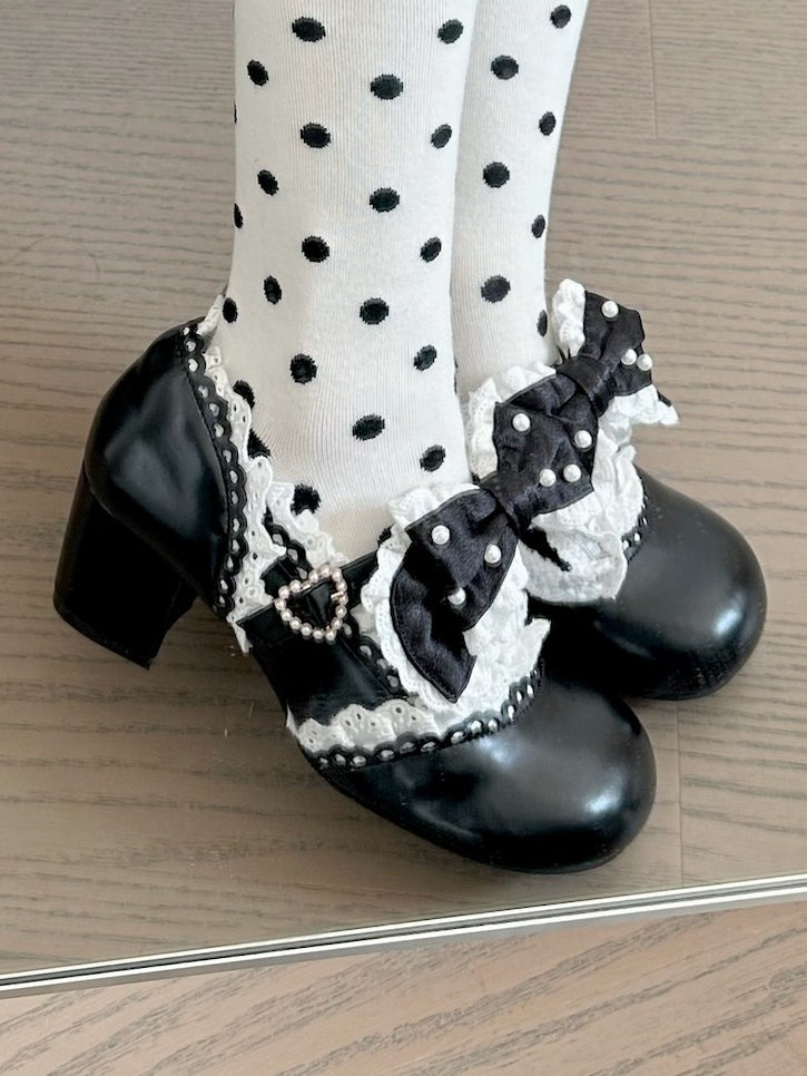 Bow Sweet Beaded Accent Scalloped-Edge with Mary Black Strap Buckle Decorated Leather - Janes Lolita PU