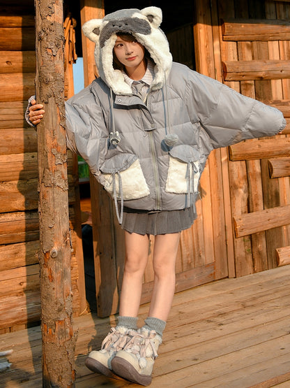 Cute Raccoon Plush Hood Grey Hooded Down Jacket