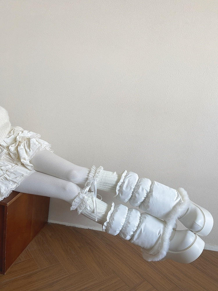 Leg Pearl-Adorned Knit Lace Bows White Ribbon Warmers with Ruffled