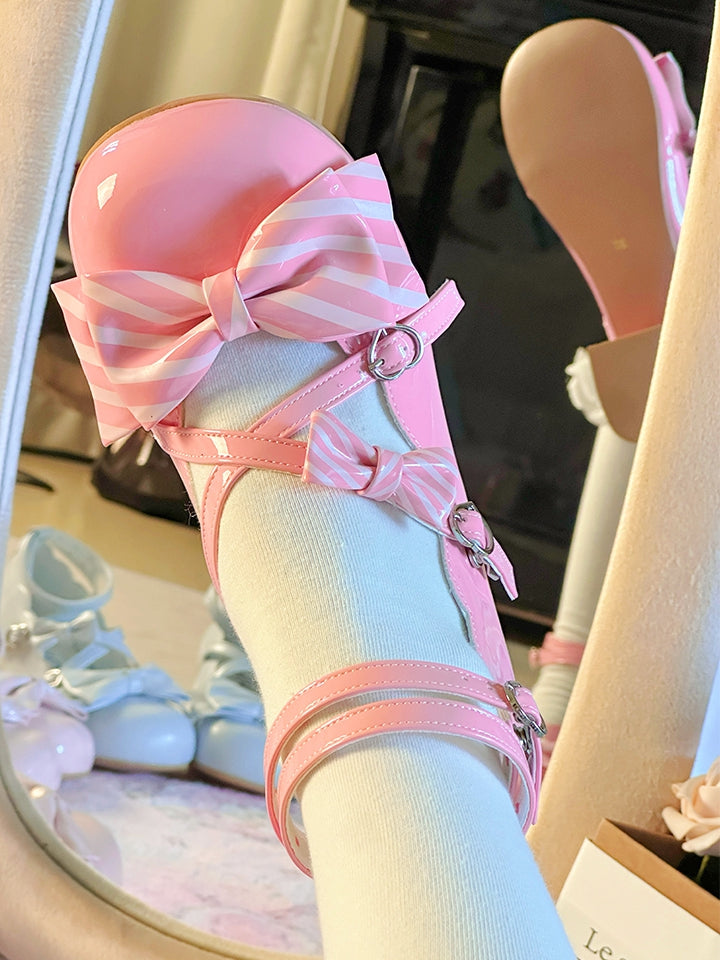 at Mid-heel Bow Dark Janes Striped Sweet - Top Mary Pink Crisscross Lolita Pattern Design