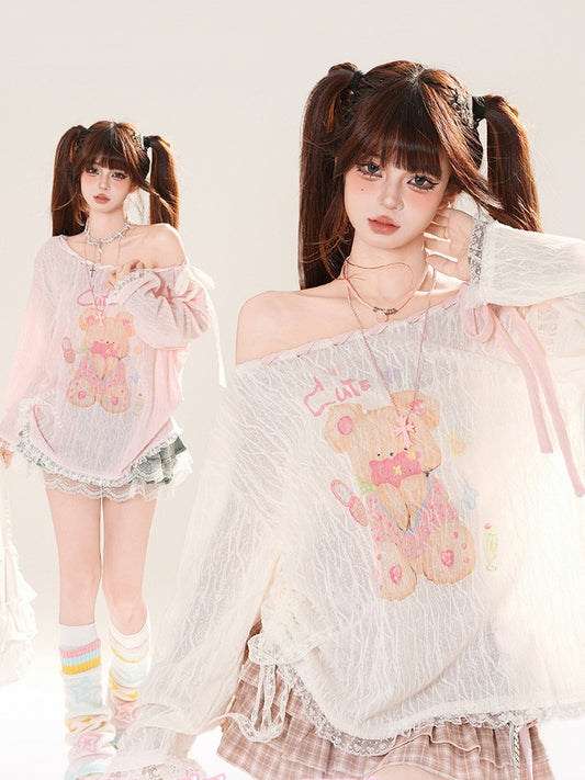 Ausschnitt-Überwurf, schulterfrei, entzückender Bärendruck, Rosa/Weiß, zum Selbstbinden