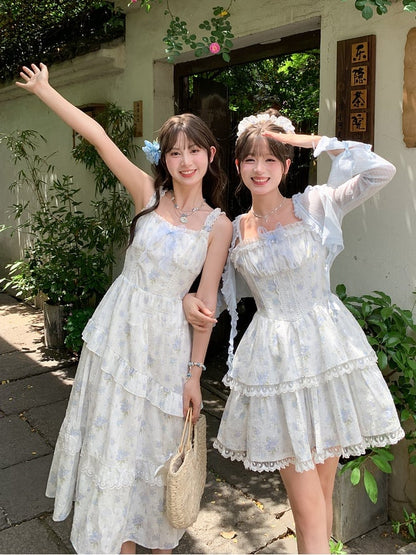 Short Skirt Floral Light Blue Lace Trim Tiered Cami Dress with Version Back Lace-up