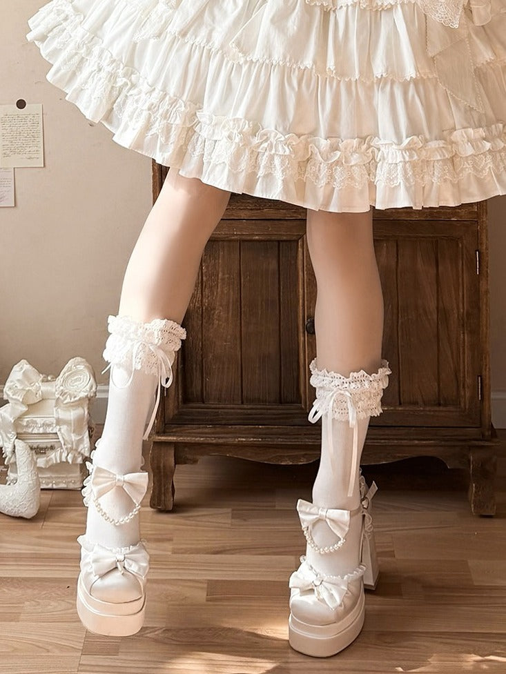 White Platform Round Toe Shoes with Pearl Chain & Lace Bow Accent 12cm Heels - Witch's Night