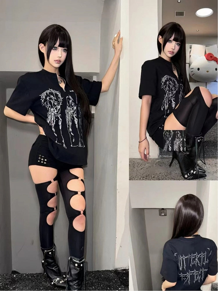 Alt Religious Fashion Black Figure with Print T-Shirt Cross