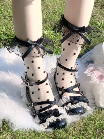 Black/White Lace Bow Pattern Lolita Cuff Polka-dot Socks