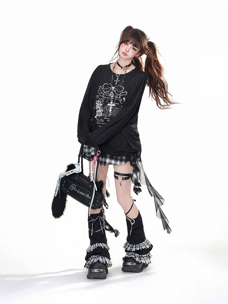 Schwarz/weißes, halbtransparentes, lockeres Sweatshirt mit Kreuzdruck und Kordelzug in der Taille