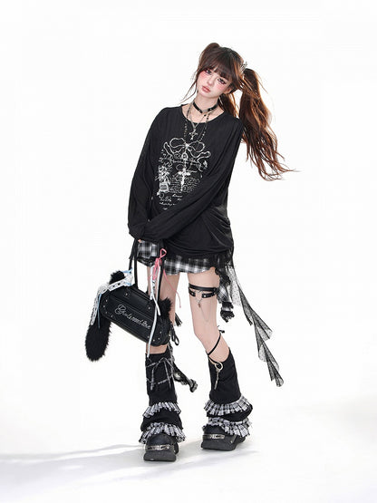 Schwarz/weißes, halbtransparentes, lockeres Sweatshirt mit Kreuzdruck und Kordelzug in der Taille