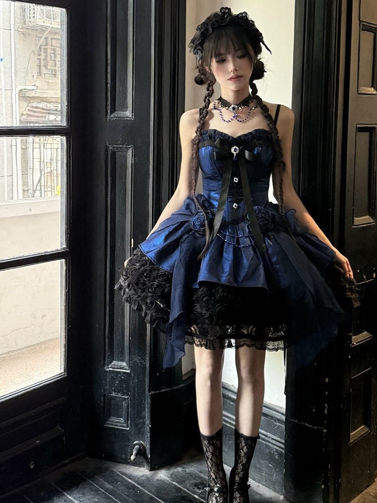 Dress Boned Bouquet Strapless Hem Black Gothic Rose Lolita with Blue