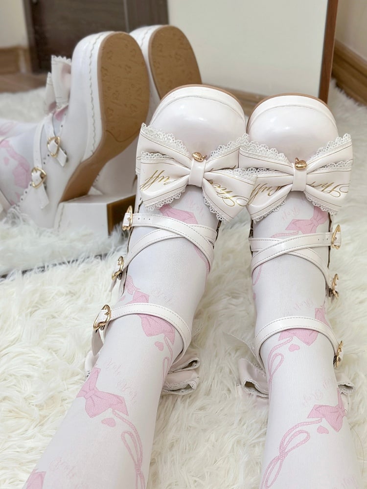 Block Heels Schnallen Hohe Schleife Abnehmbare Crisscross Design Weiß Top Herz bei