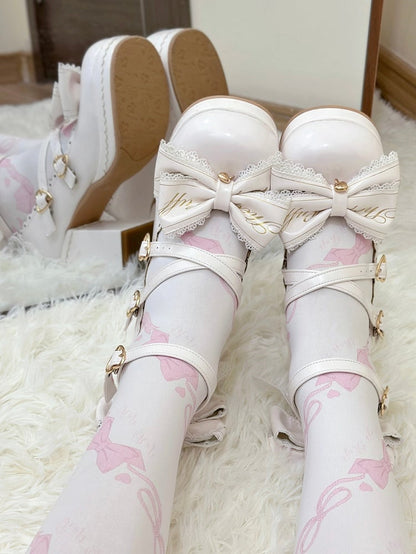 Block Heels Schnallen Hohe Schleife Abnehmbare Crisscross Design Weiß Top Herz bei