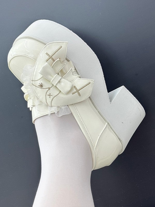 for Lolita Ruffles Platform Shoes Trim High - Block White Heel
