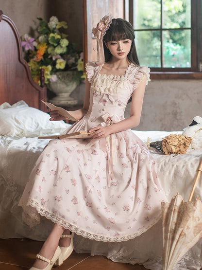 Graceful Pink Floral Lace JSK Dress with Brooch Set