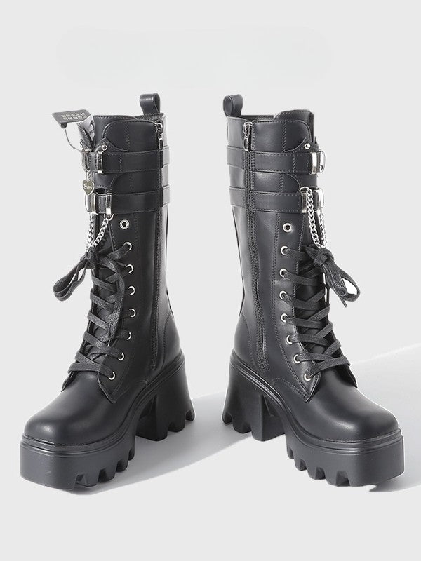 Boots Charm Gothic Mid-Calf Chain Sole - System Chunky Fastening Black Triple with