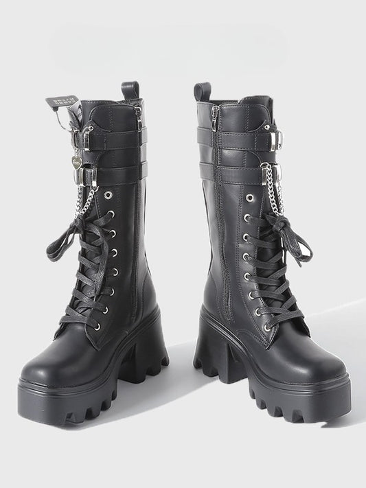 Boots Charm Gothic Mid-Calf Chain Sole - System Chunky Fastening Black Triple with