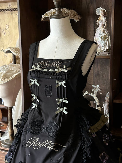 Black Square Neckline with Apron Embroidery Details Lolita