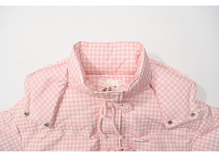 Pink Plaid Hooded Down Sweetheart Button Jacket
