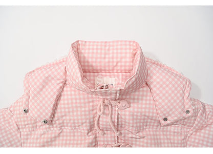 Pink Plaid Hooded Down Sweetheart Button Jacket