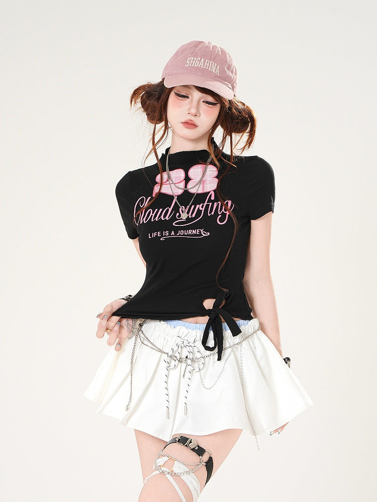 Slim-fitting T-shirt White/Black Mock Neck Self-tie Hem Letter Number and Print