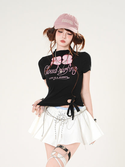 Slim-fitting T-shirt White/Black Mock Neck Self-tie Hem Letter Number and Print