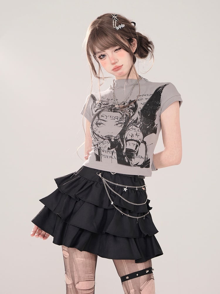 Charakterdruck und passendes fingerloses graues T-Shirt mit Stehkragen und Manga-Handschuhen