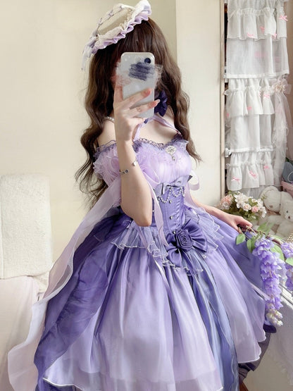 Purple with Elegant Puff Dress Short JSK Lolita Sleeves