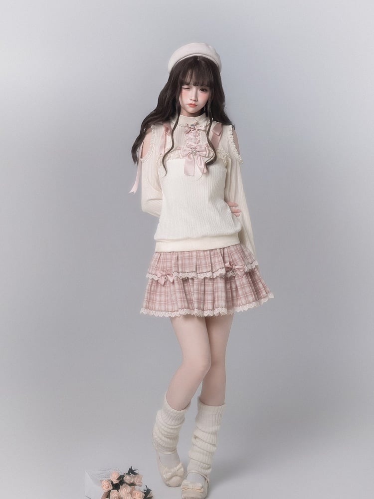 Pink Kei With Skirt Lace Details Plaid Fashion Bow Decor Seiso