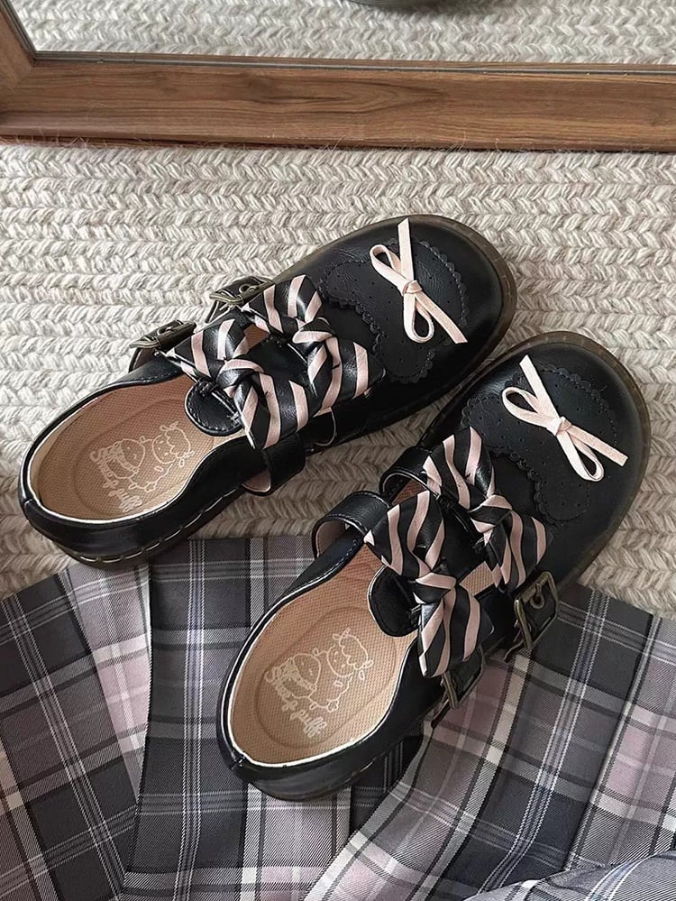 Bear Black Flats Bowknot Design Lolita Pattern Details Striped