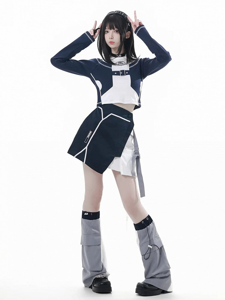 Blue and White Colorblock Shoulder Cutouts Techwear Long Sleeve Top with