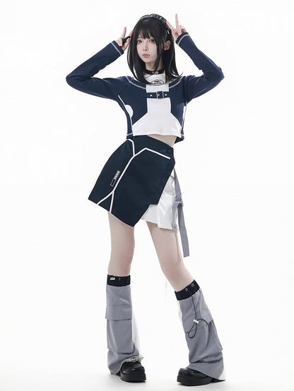 Blue and White Colorblock Shoulder Cutouts Techwear Long Sleeve Top with
