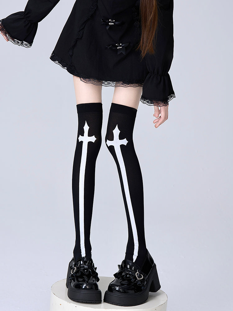 Black/White Print Cross Stockings Over Knee