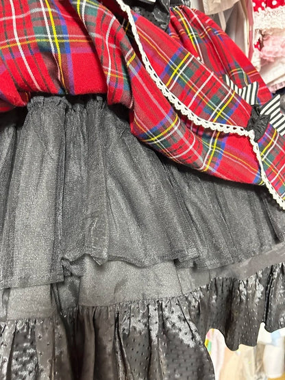 Punk Heart-Bodice Skirt Flutter Bowknots Straps Jumper Lolita with Red Plaid Striped