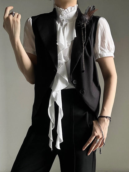 Princely Feather Brooch Notched Black Collar Set Waistcoat Style -