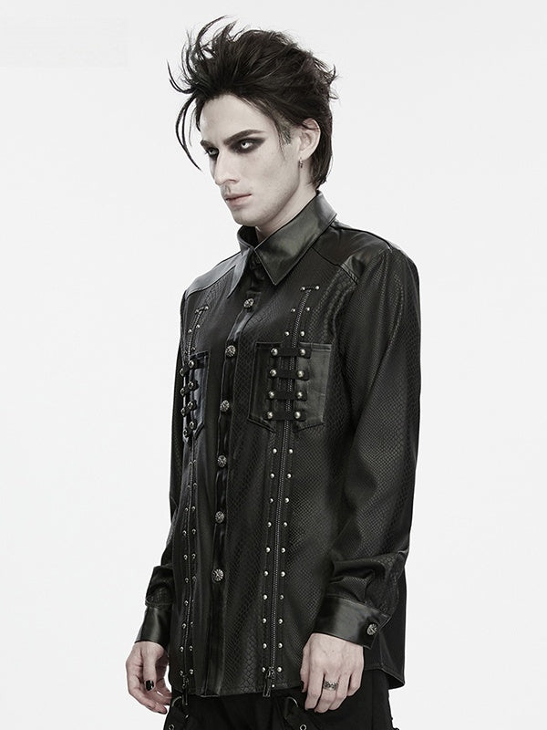 Snake Pattern Studded Black Men's Punk Shirt - Punk Rave