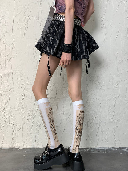 Y2K Strümpfe Weiß Bowknot Unterknee Kreuz Druck Und