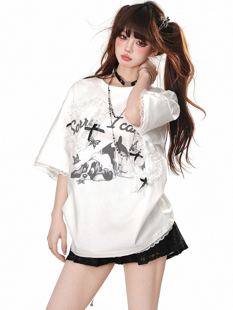 White/Grey Cute Puppy Print Short Sleeves T-Shirt